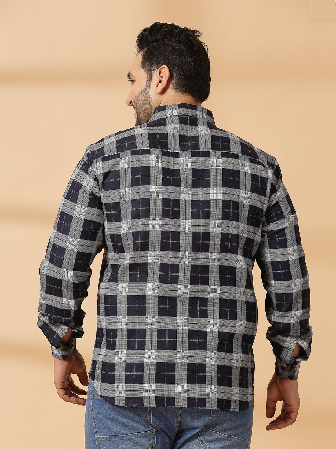 Men Spread Collar Tartan Checked Cotton Casual Shirt