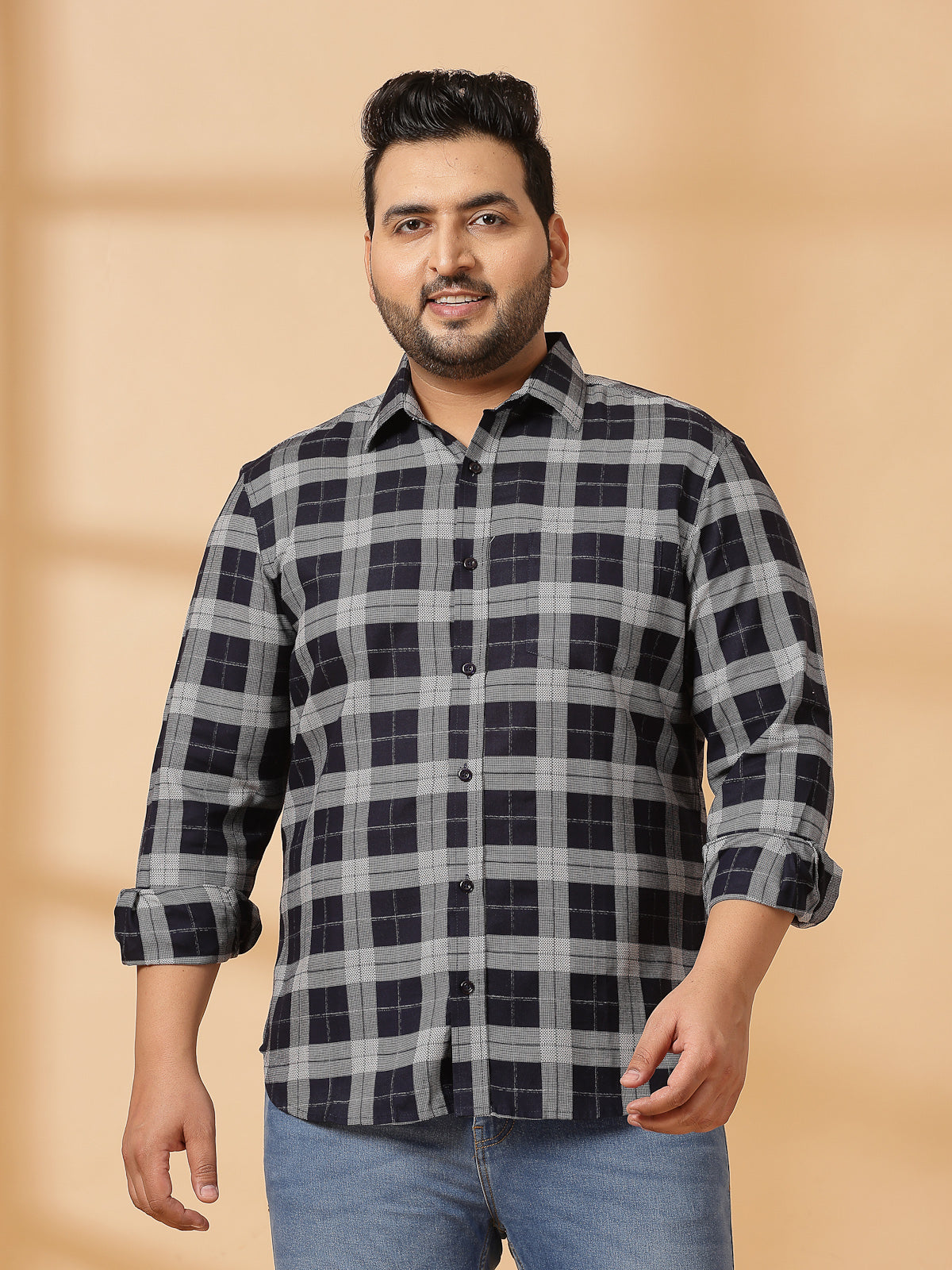 Men Spread Collar Tartan Checked Cotton Casual Shirt