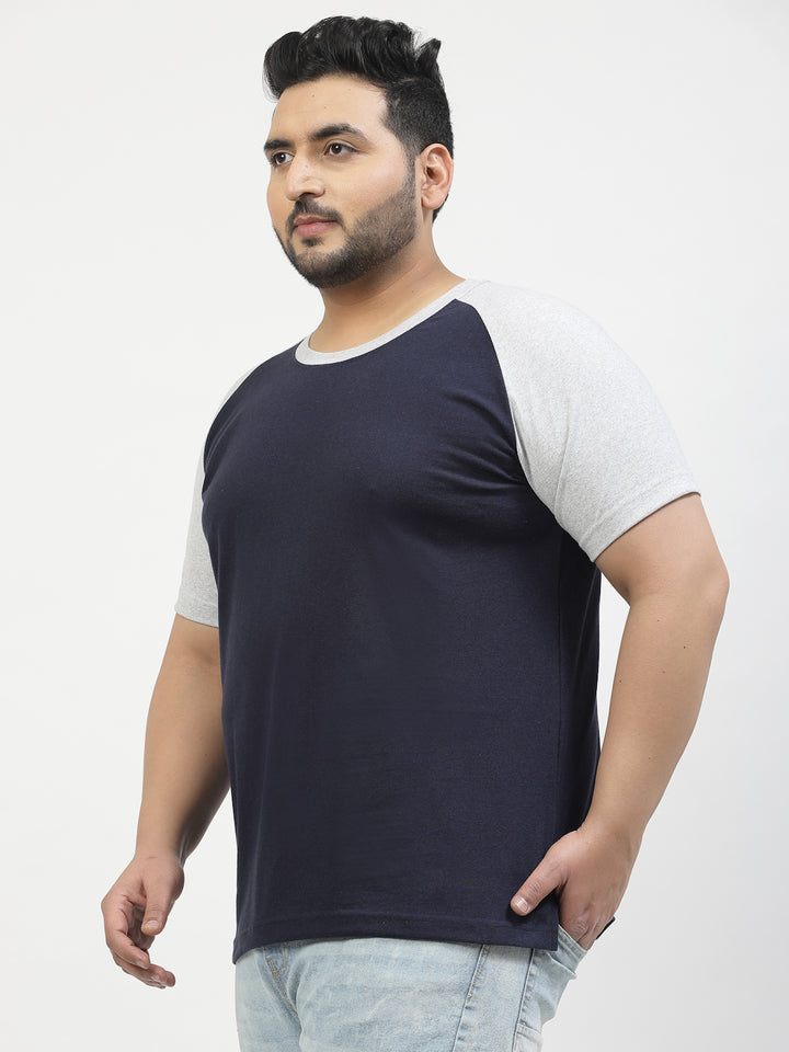 Men Grey Navy Round Neck Pure Cotton T-shirt