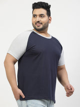 Men Grey Navy Round Neck Pure Cotton T-shirt