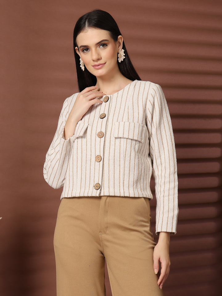 Striped Cotton Crop Regular Jacket