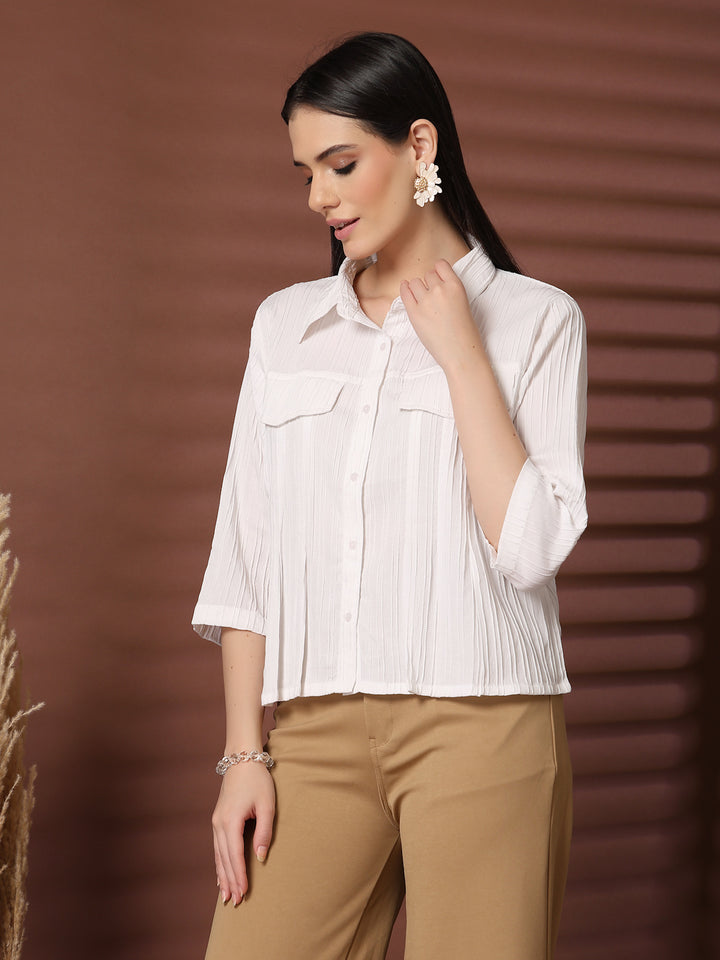 Women Solid Shirt Collar Three-Quarter Sleeves Shirt Style Top