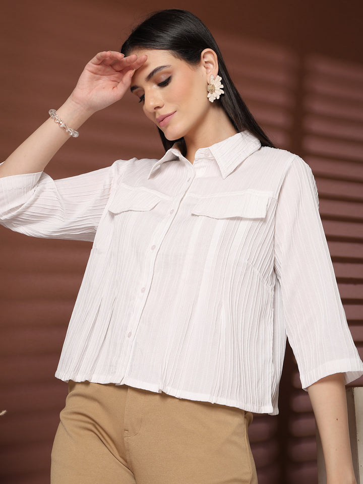 Women Solid Shirt Collar Three-Quarter Sleeves Shirt Style Top