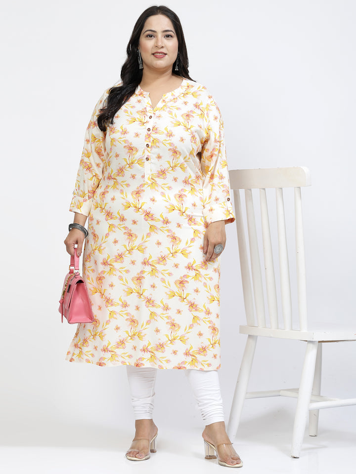 Floral Printed Mandarin Collar A-Line Curved Regular Kurta