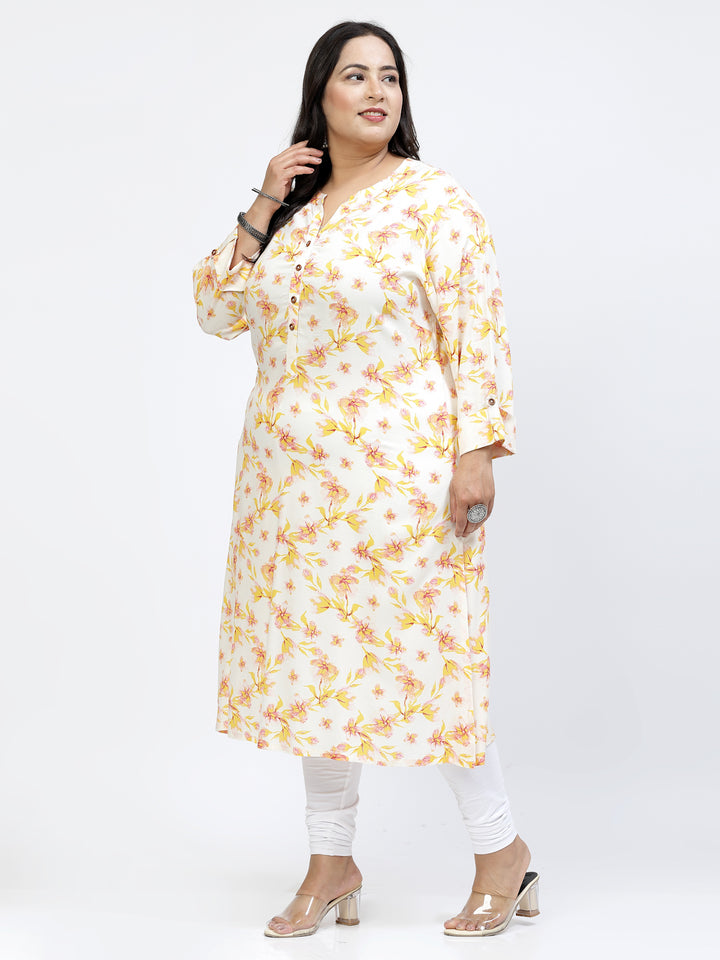 Floral Printed Mandarin Collar A-Line Curved Regular Kurta