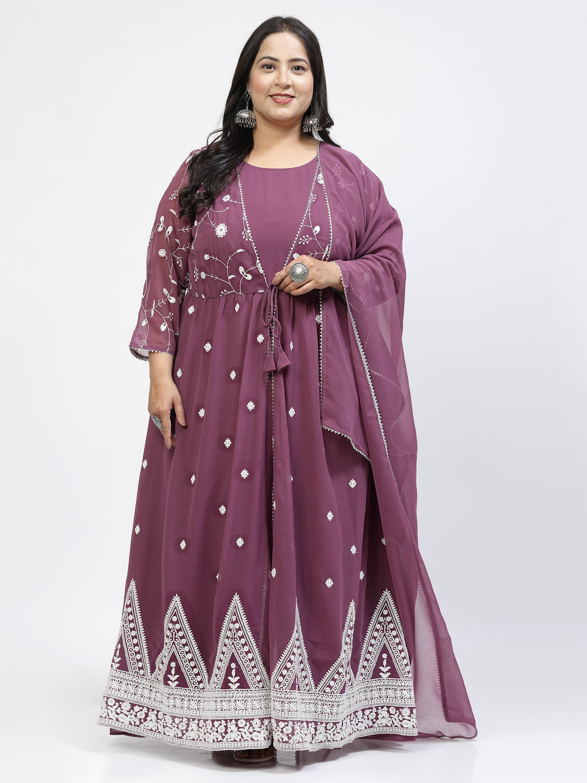 Floral Embroidered Regular Gotta Patti Plus Size Ethnic Dress With Dupatta