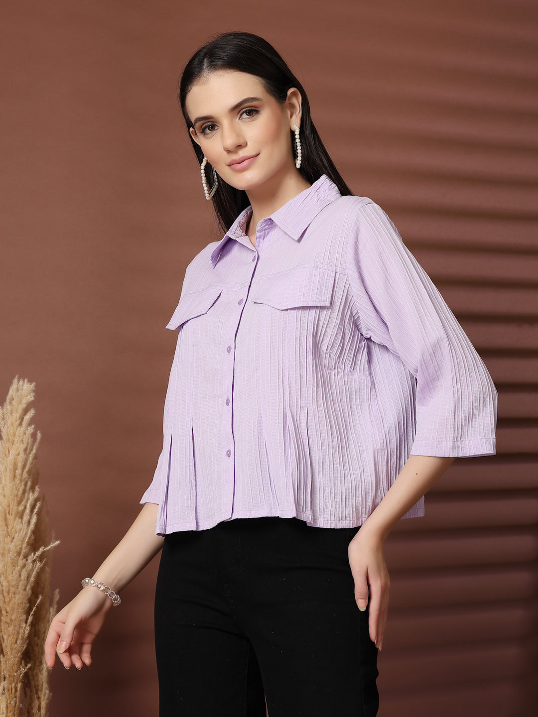 Women Shirt Collar Three-Quarter Sleeves Top