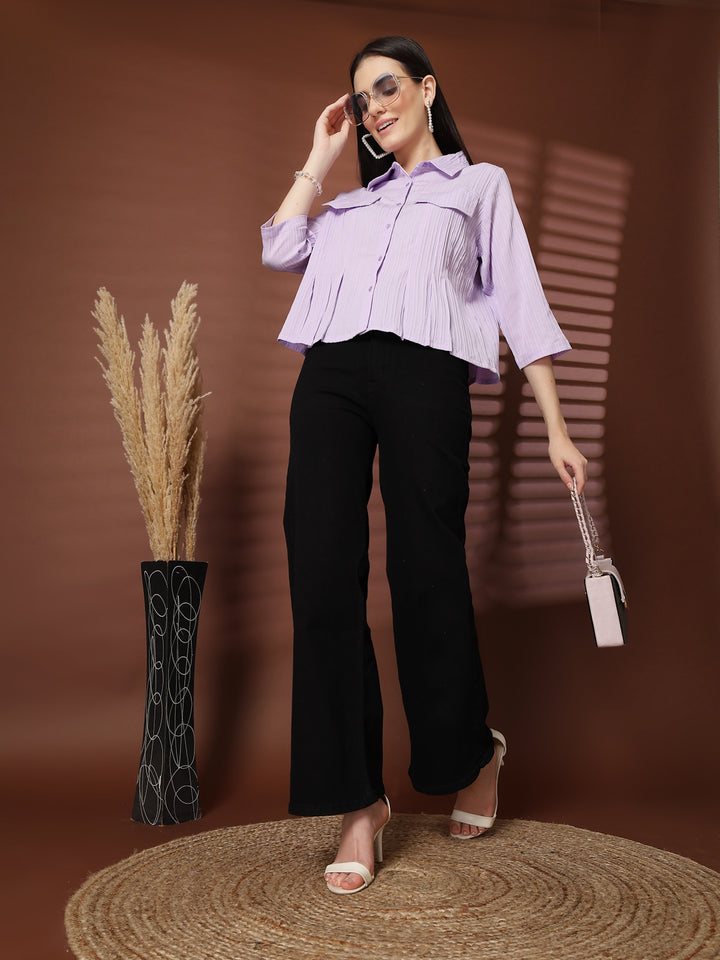 Women Shirt Collar Three-Quarter Sleeves Top