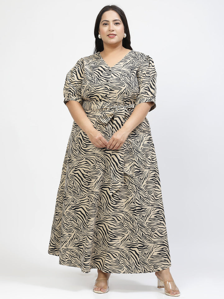 Animal Printed V Neck Plus Size Fit & Flare Maxi Dress