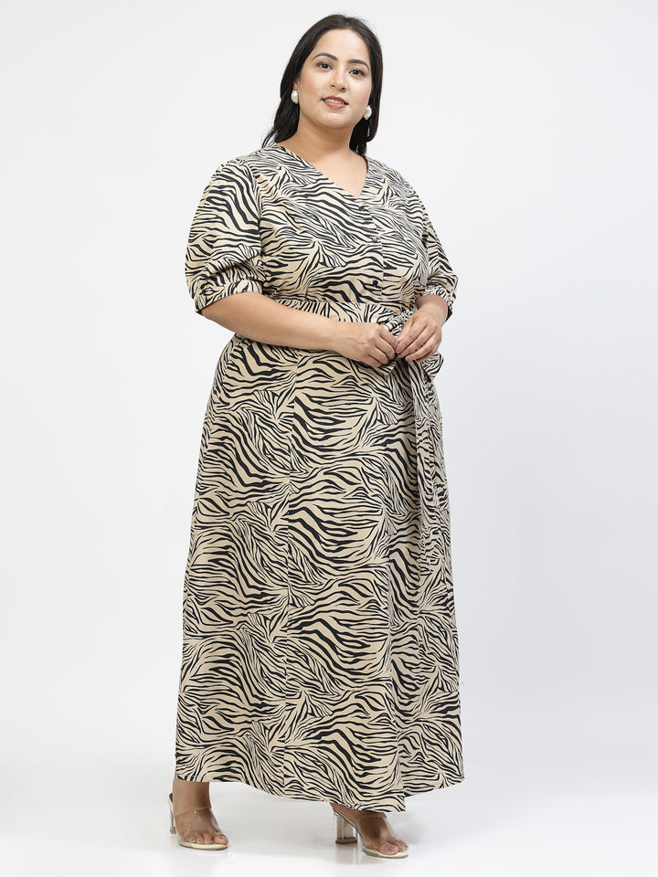 Animal Printed V Neck Plus Size Fit & Flare Maxi Dress