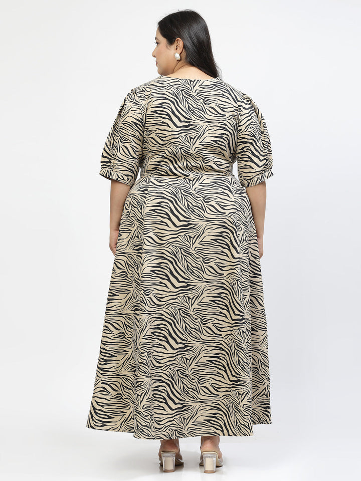 Animal Printed V Neck Plus Size Fit & Flare Maxi Dress