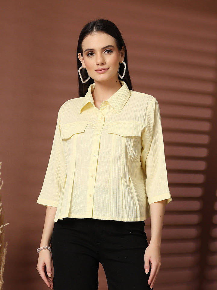 Women Solid Shirt Collar Three-Quarter Sleeves Shirt Style Top