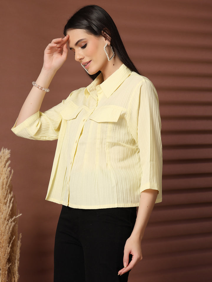 Women Solid Shirt Collar Three-Quarter Sleeves Shirt Style Top