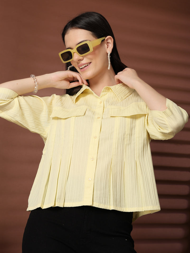 Women Solid Shirt Collar Three-Quarter Sleeves Shirt Style Top