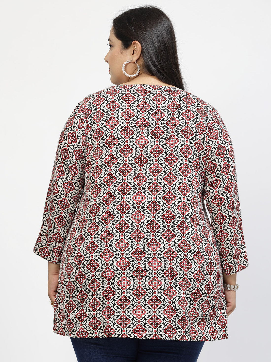 Plus Size Print Mandarin Collar Top