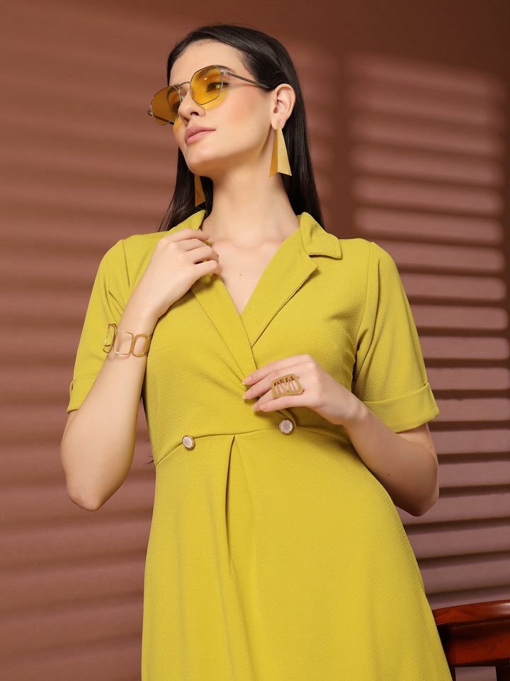 Solid Shirt Collar A-Line Midi Dress