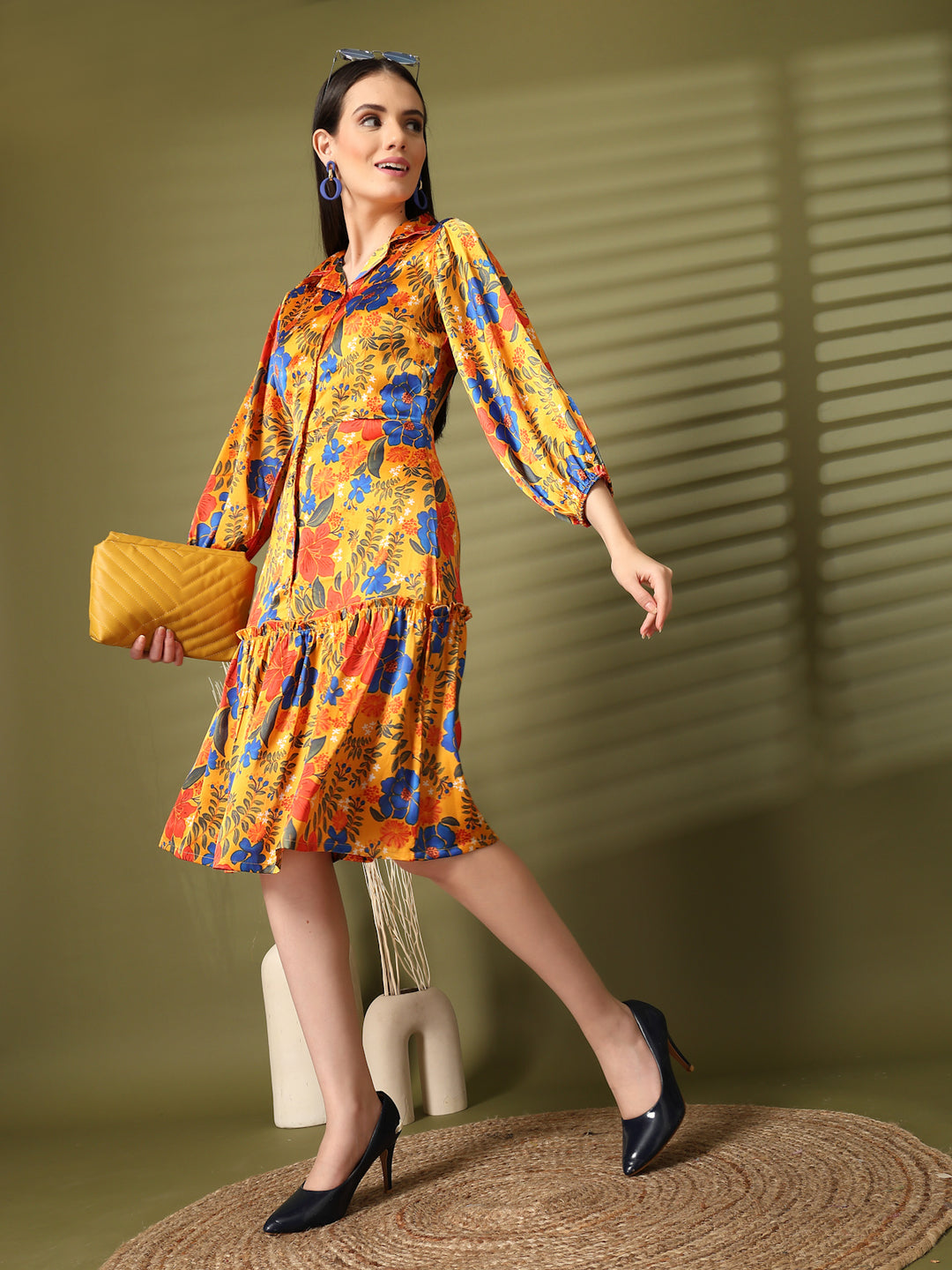 Women Floral Printed Puff Sleeve Fit & Flare Dress