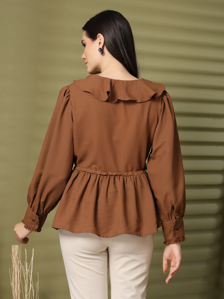 Solid V-Neck Puff Sleeve Empire Top