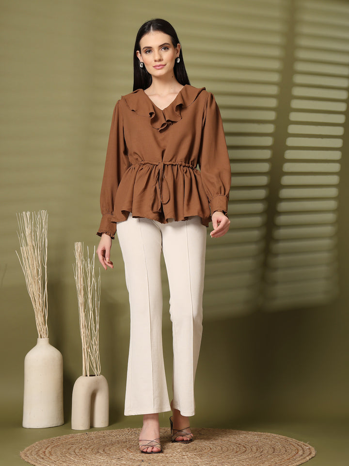 Solid V-Neck Puff Sleeve Empire Top