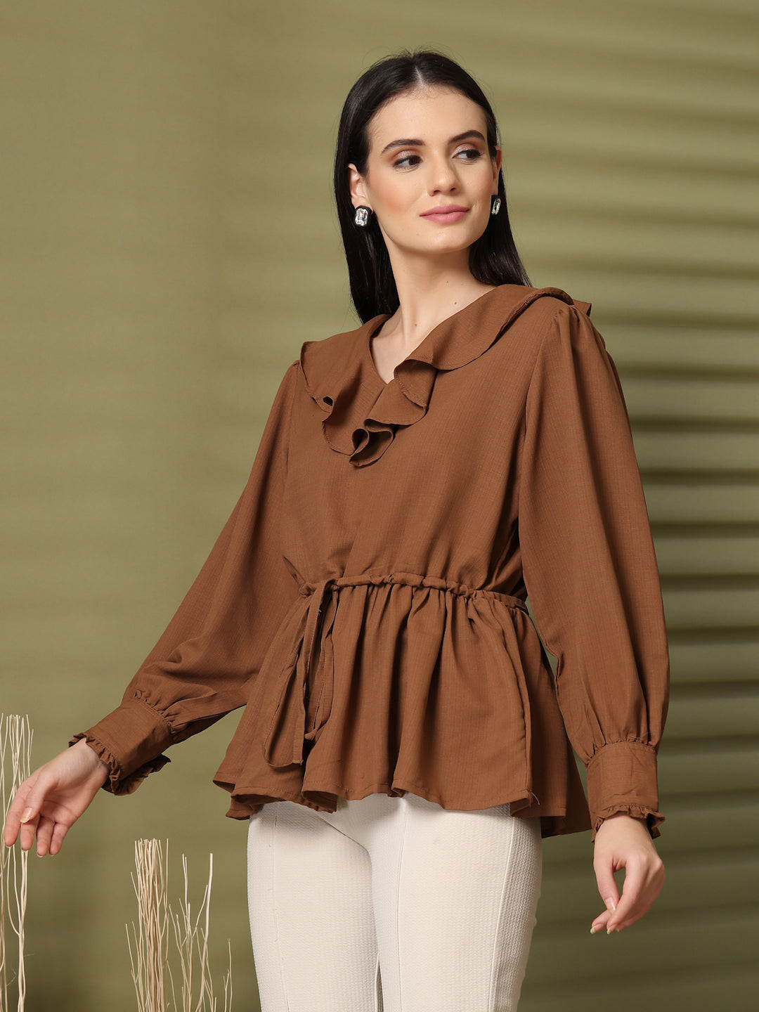 Solid V-Neck Puff Sleeve Empire Top