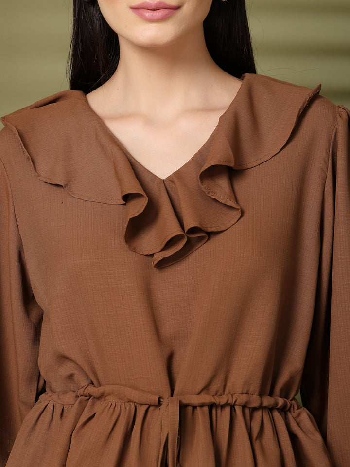 Solid V-Neck Puff Sleeve Empire Top