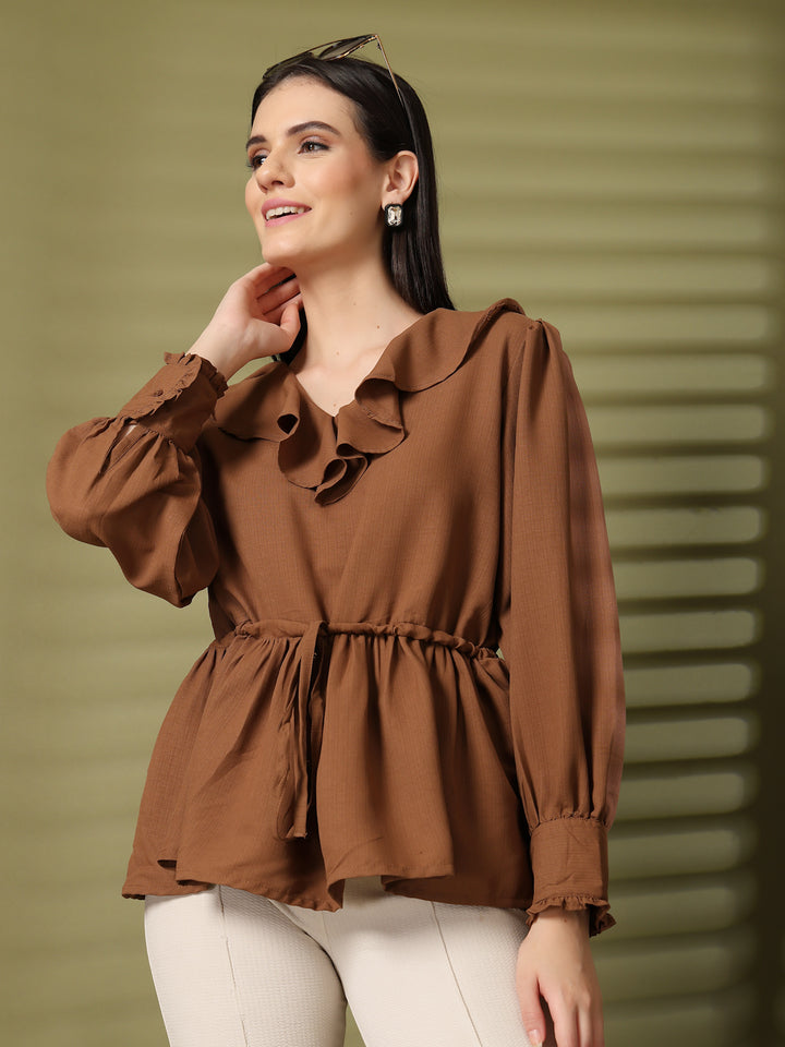 Solid V-Neck Puff Sleeve Empire Top