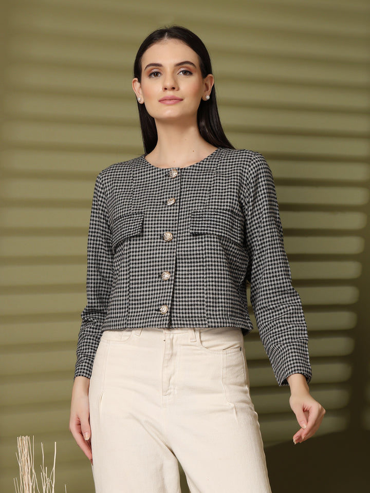 Checked Cotton Crop Regular Jacket