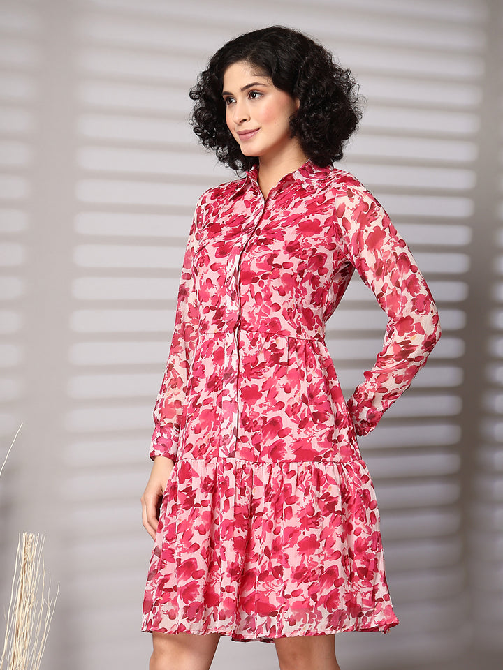 Women Floral Printed Shirt Collar Fit & Flare Midi Dress