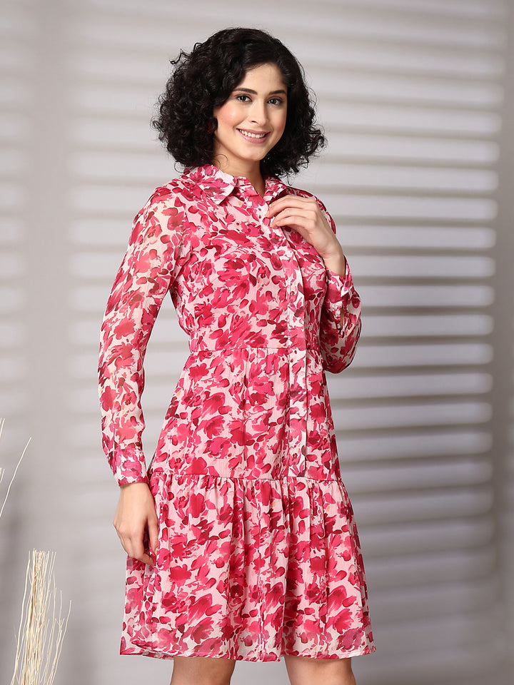 Women Floral Printed Shirt Collar Fit & Flare Midi Dress