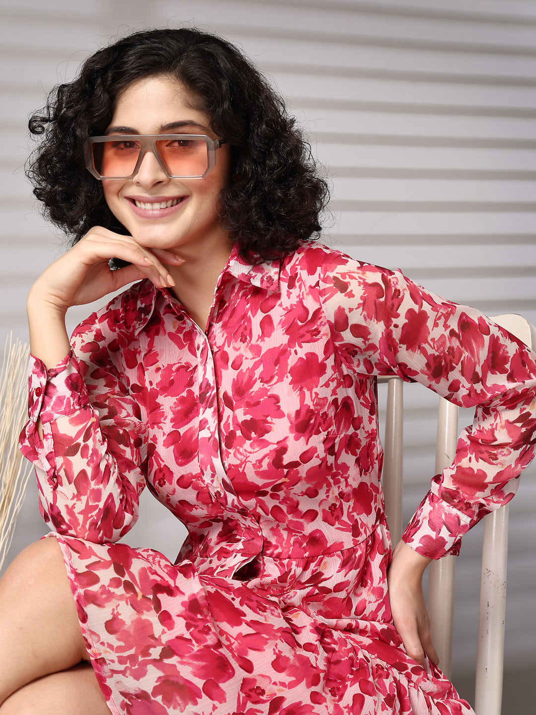 Women Floral Printed Shirt Collar Fit & Flare Midi Dress