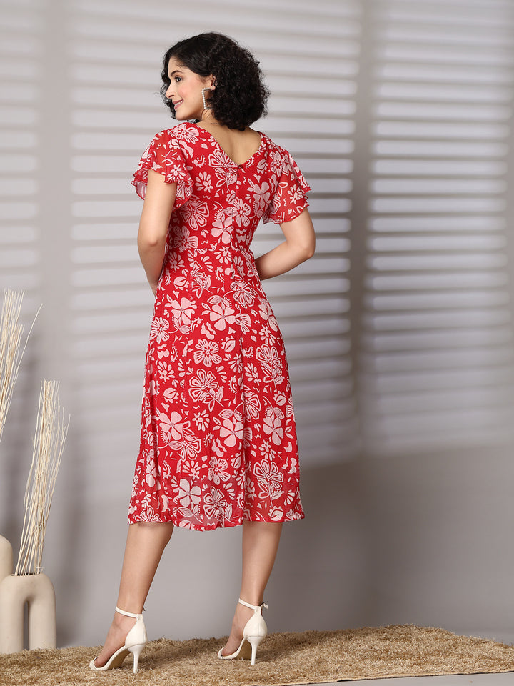 Women Floral Print Flutter Sleeve Fit & Flare Midi Dress