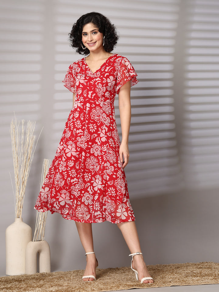 Women Floral Print Flutter Sleeve Fit & Flare Midi Dress