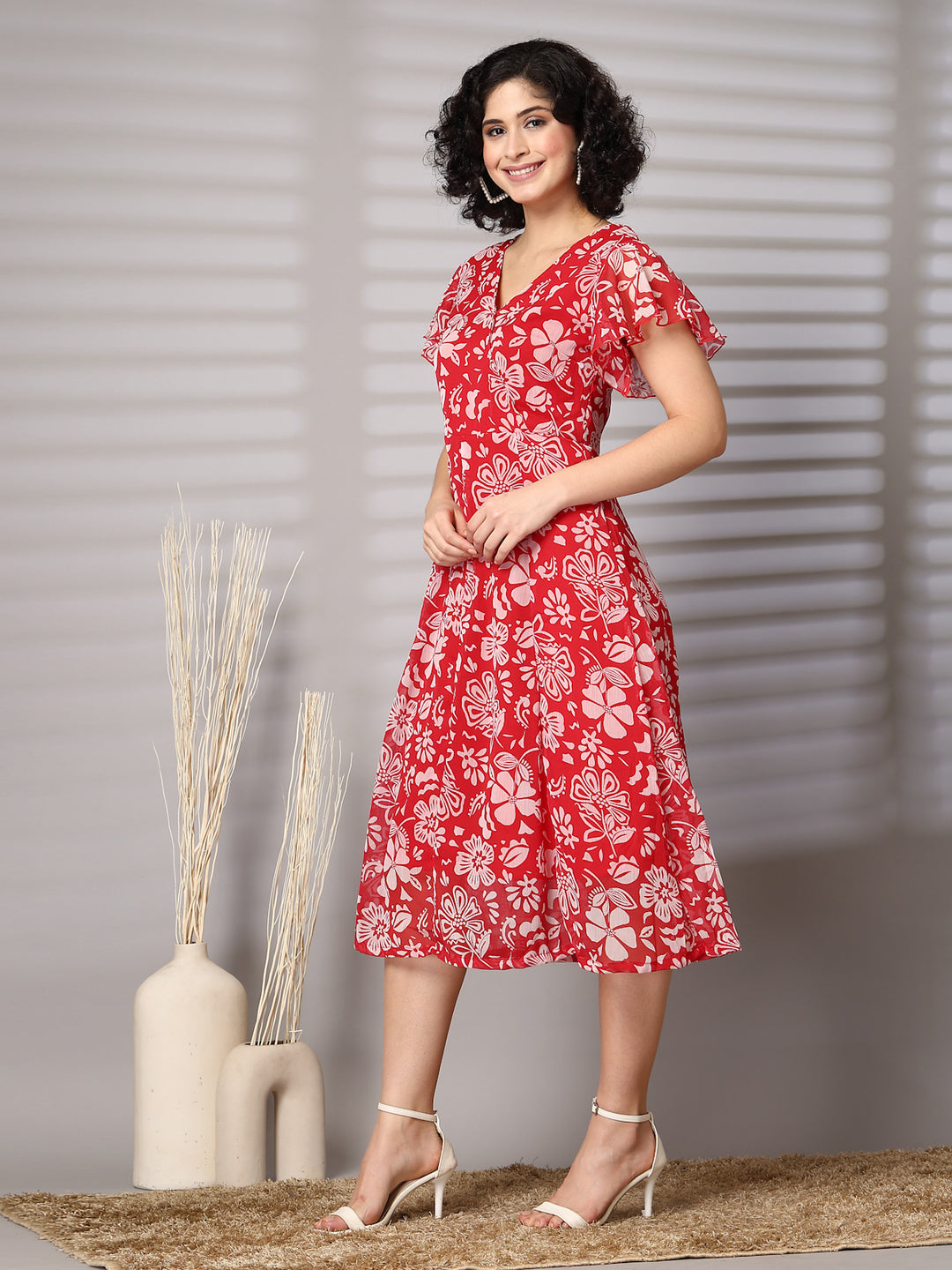 Women Floral Print Flutter Sleeve Fit & Flare Midi Dress