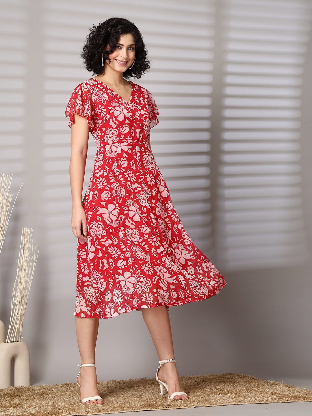 Women Floral Print Flutter Sleeve Fit & Flare Midi Dress