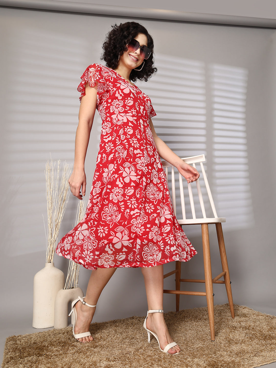 Women Floral Print Flutter Sleeve Fit & Flare Midi Dress