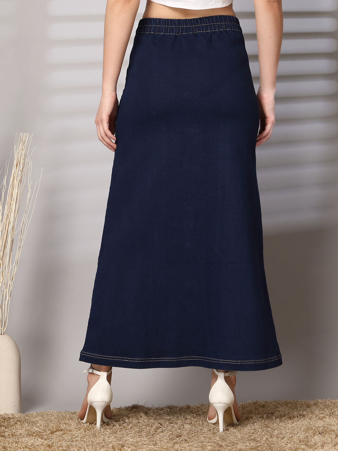 Women Denim Straight Stretchable Midi Skirt