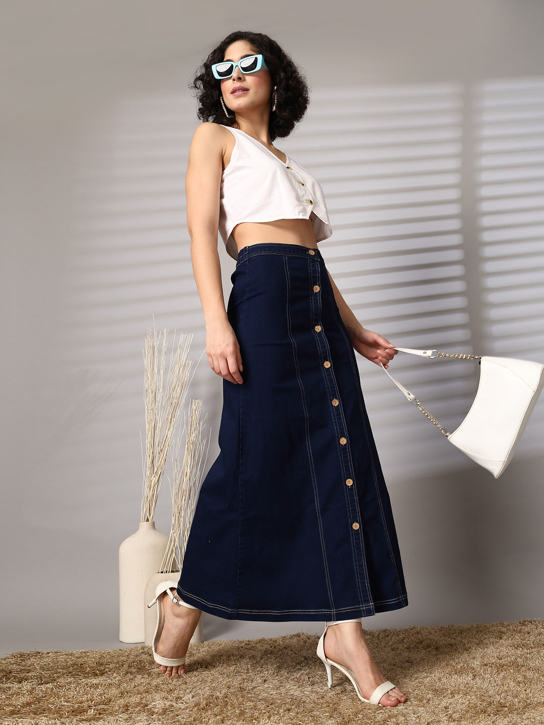 Women Denim Straight Stretchable Midi Skirt