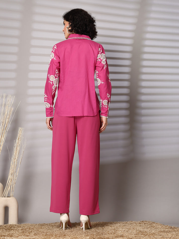 Embroidered Pure Cotton Shirt With Trousers Co-Ords