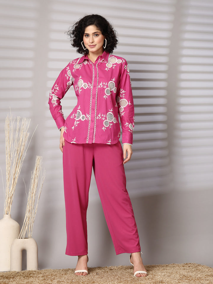 Embroidered Pure Cotton Shirt With Trousers Co-Ords