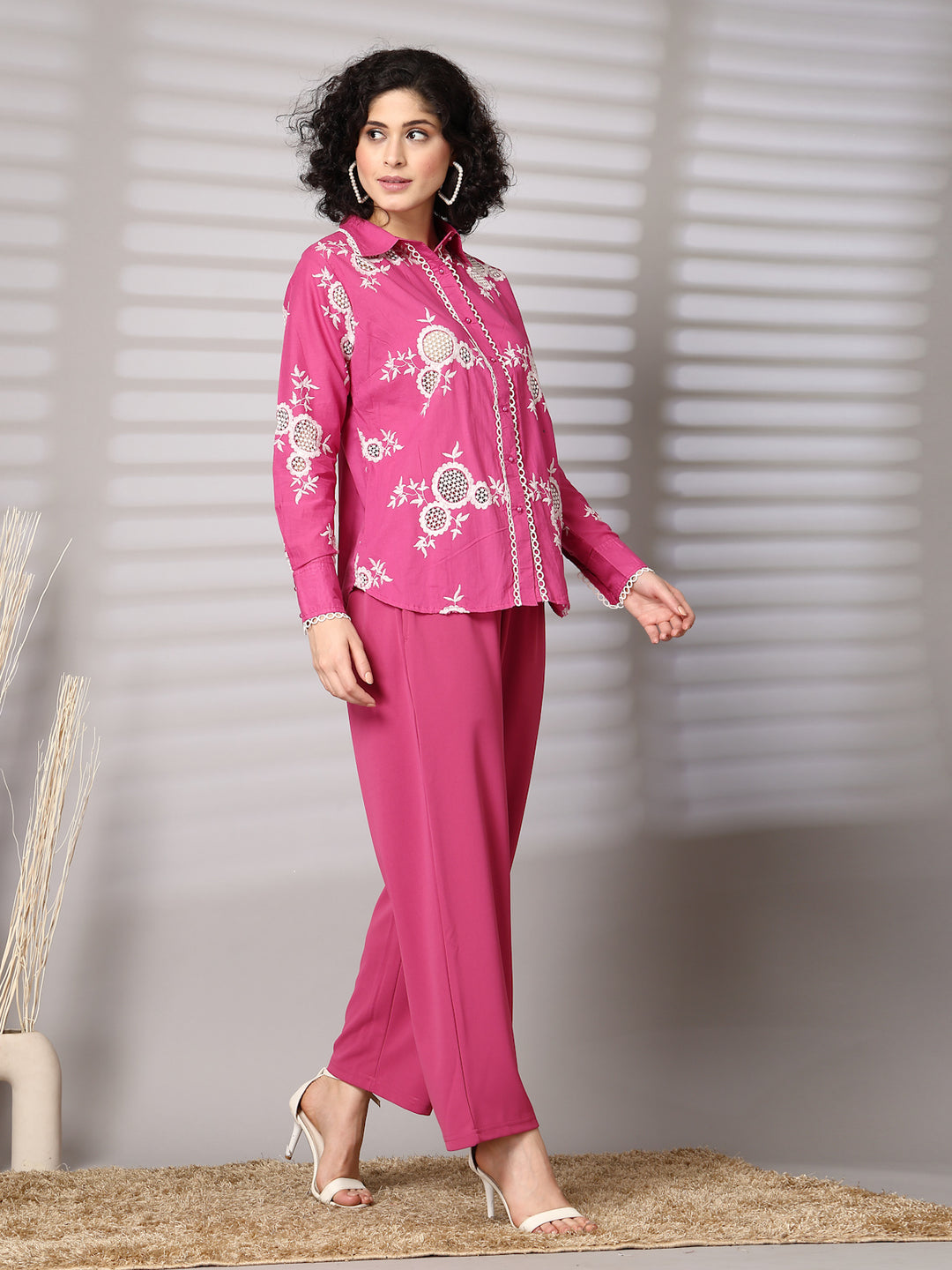 Embroidered Pure Cotton Shirt With Trousers Co-Ords