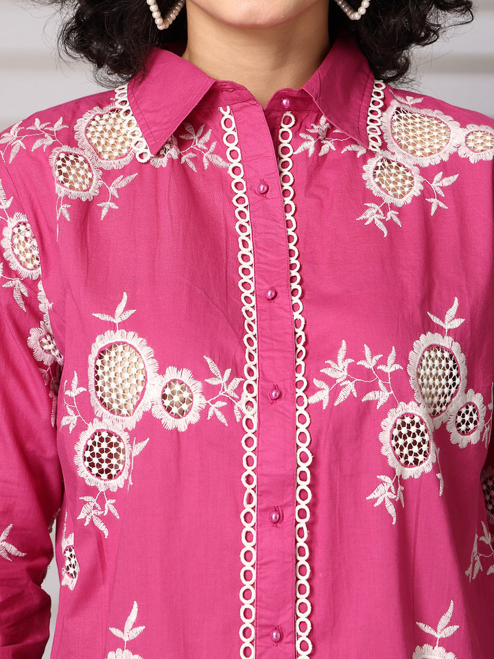 Embroidered Pure Cotton Shirt With Trousers Co-Ords