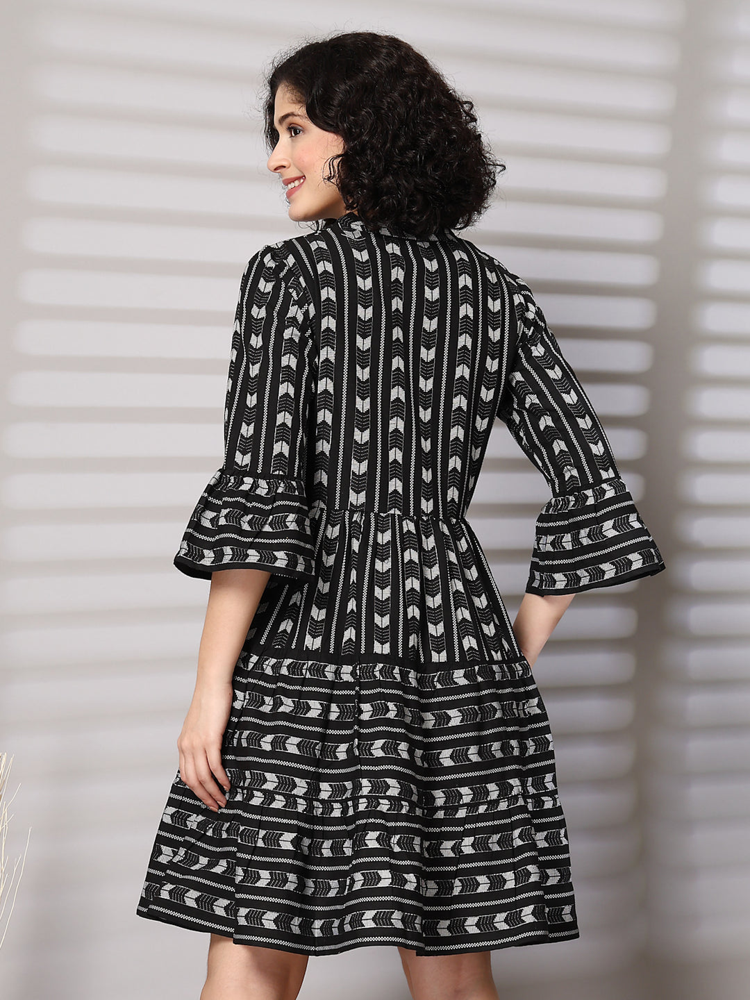 Women Geometric Printed Bell Sleeves Fit & Flare Dress