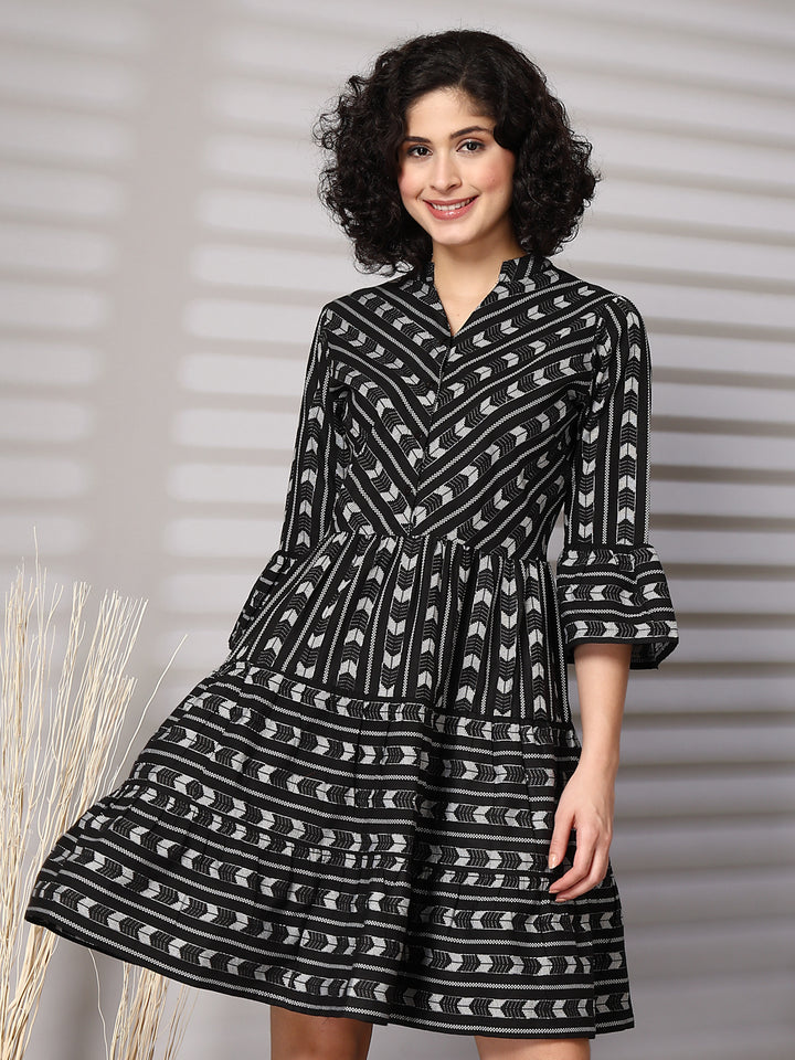 Women Geometric Printed Bell Sleeves Fit & Flare Dress