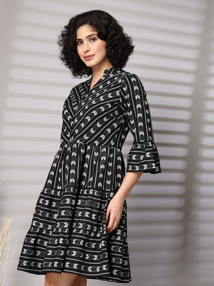 Women Geometric Printed Bell Sleeves Fit & Flare Dress