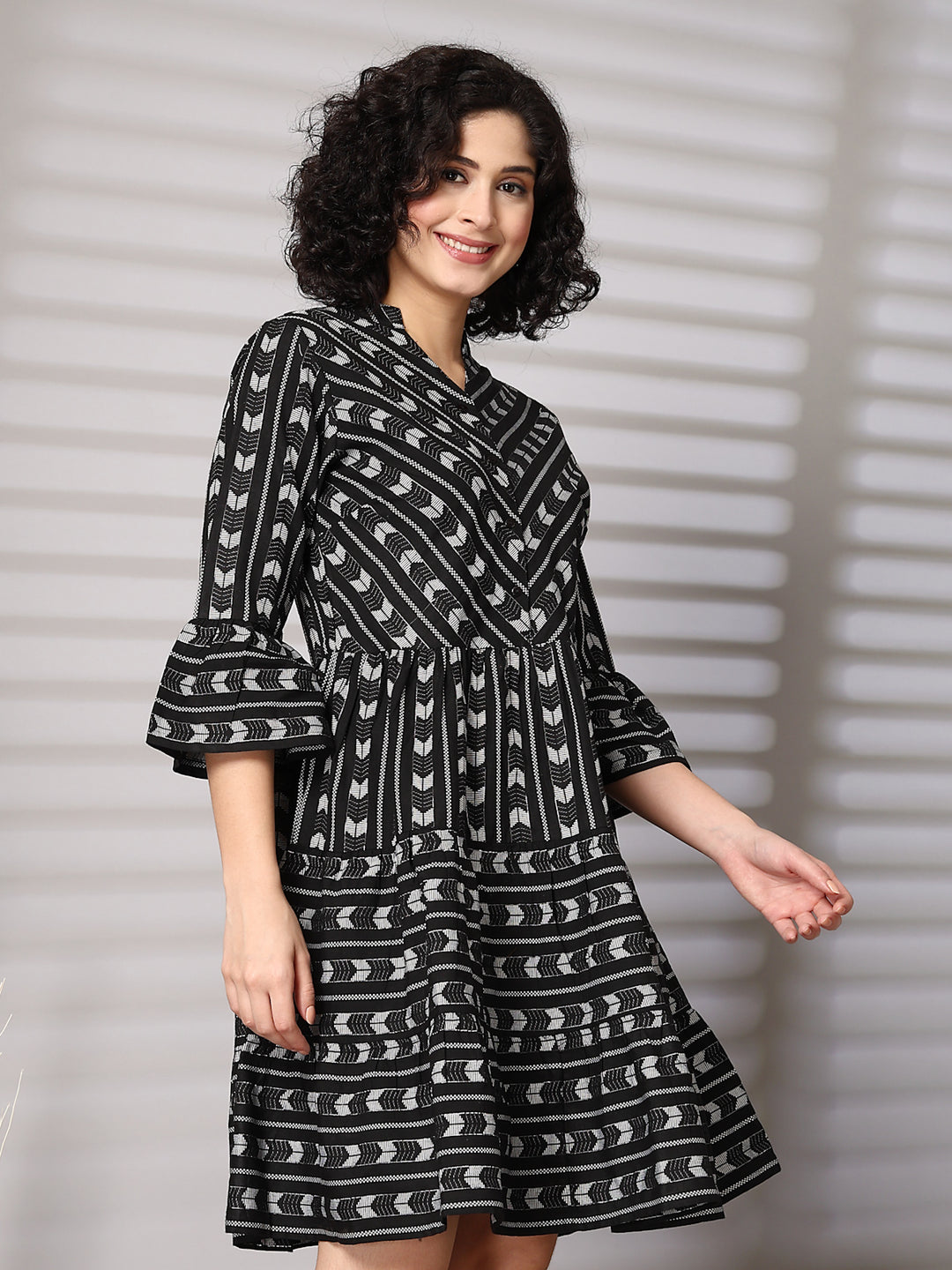 Women Geometric Printed Bell Sleeves Fit & Flare Dress