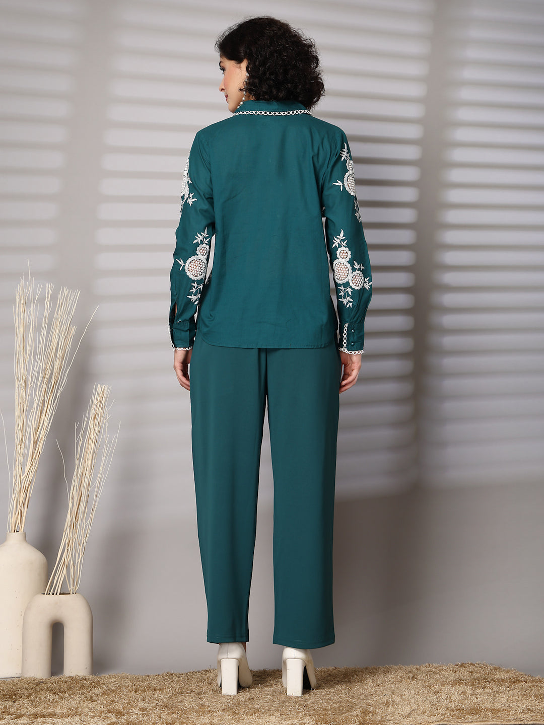 Embroidered Pure Cotton Shirt With Trousers Co-Ords