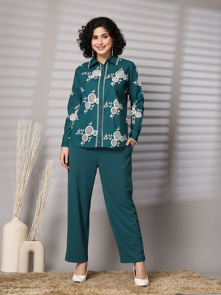 Embroidered Pure Cotton Shirt With Trousers Co-Ords