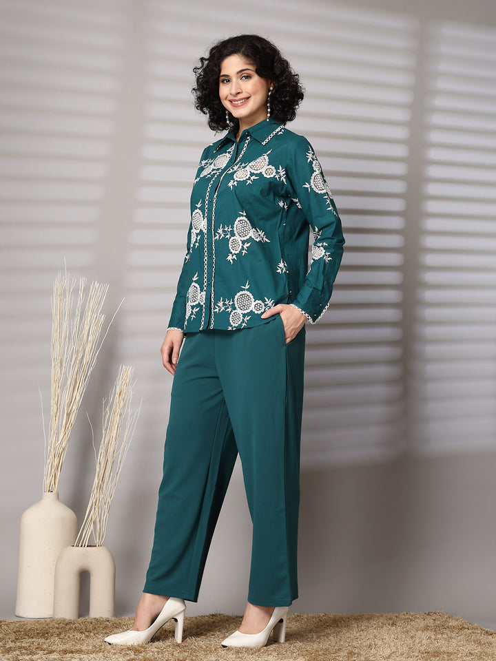 Embroidered Pure Cotton Shirt With Trousers Co-Ords