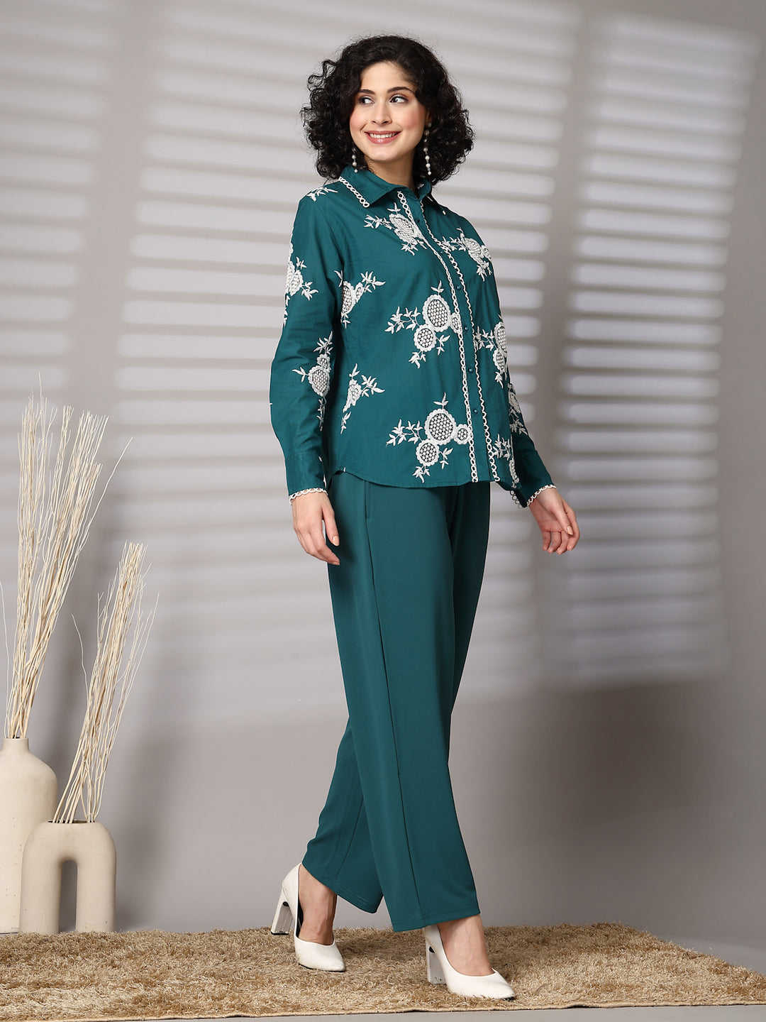 Embroidered Pure Cotton Shirt With Trousers Co-Ords