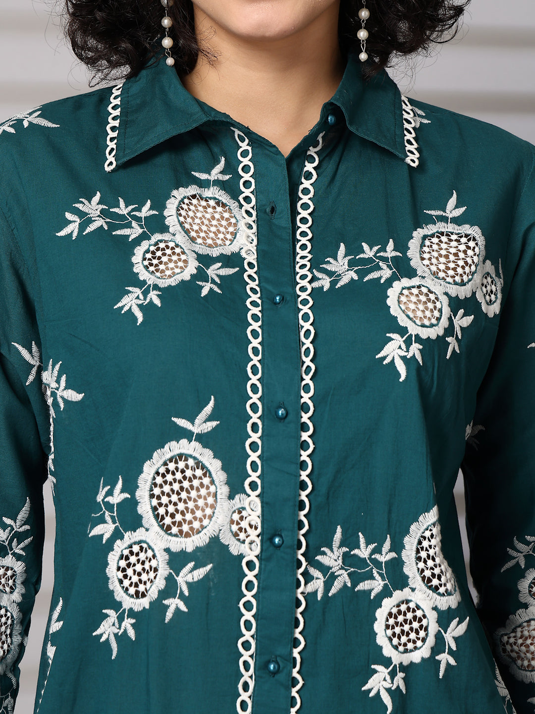 Embroidered Pure Cotton Shirt With Trousers Co-Ords